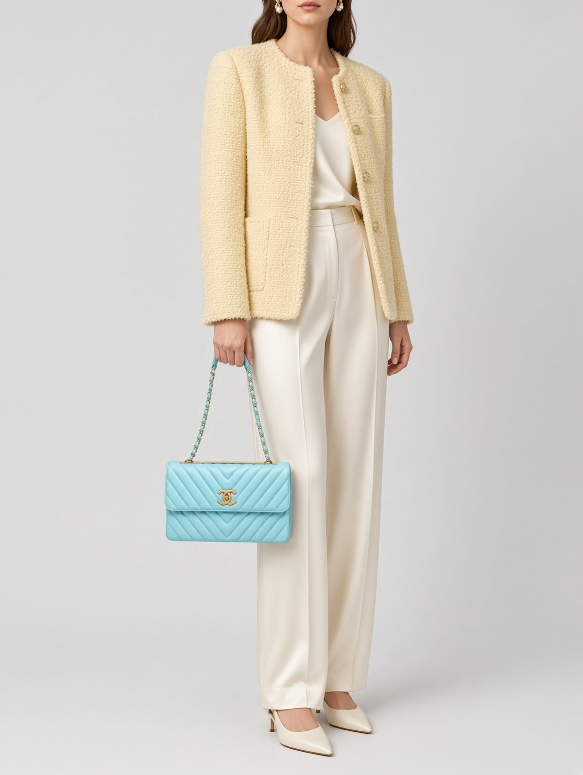 RARE Chanel Trendy CC Flap Bag Chevron Lambskin Medium - Tiffany Blue