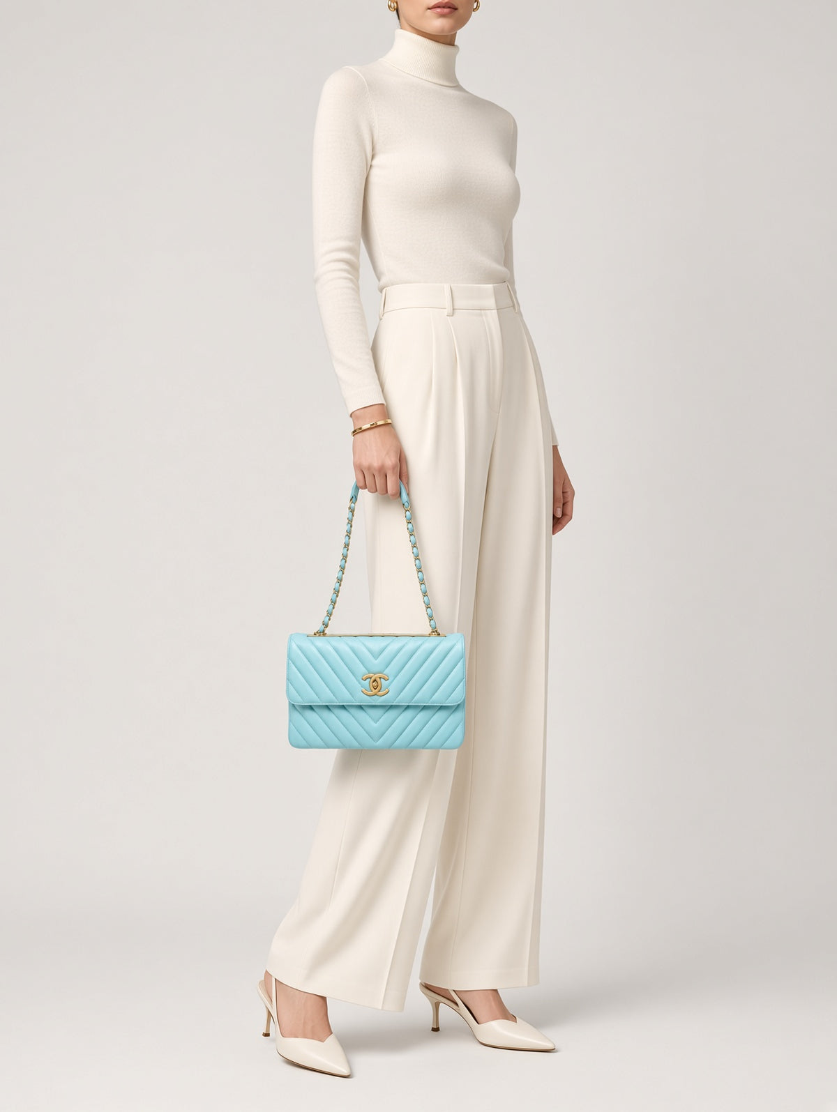 RARE Chanel Trendy CC Flap Bag Chevron Lambskin Medium - Tiffany Blue
