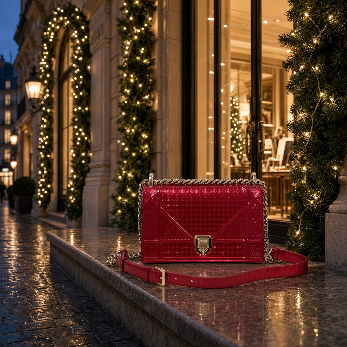 Christian Dior Medium Diorama – Metallic Red Micro-Cannage Patent Leather Chain Bag