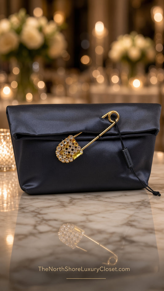 Burberry Grey Silk Satin Clutch featuring a large gold-tone safety pin embellished with crystals