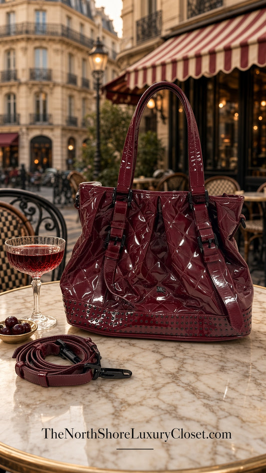 Burberry Large Lowry Studded Quilted Patent Leather Tote – Burgundy