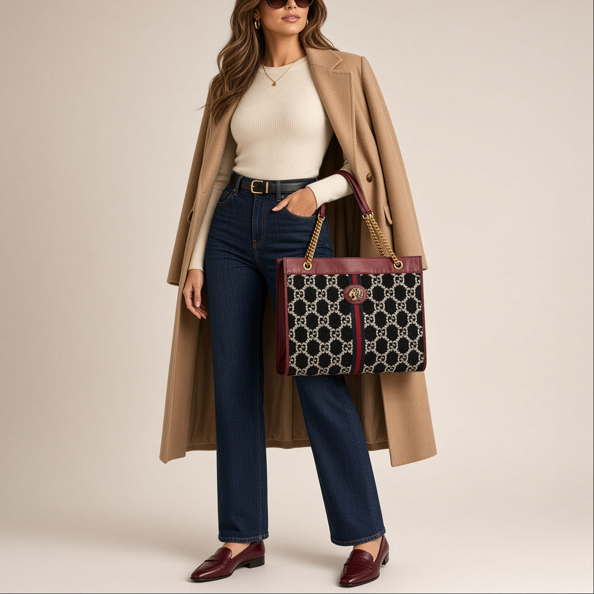 Gucci Red Leather GG Tweed Large Linea Rajah Tote Bag Red White