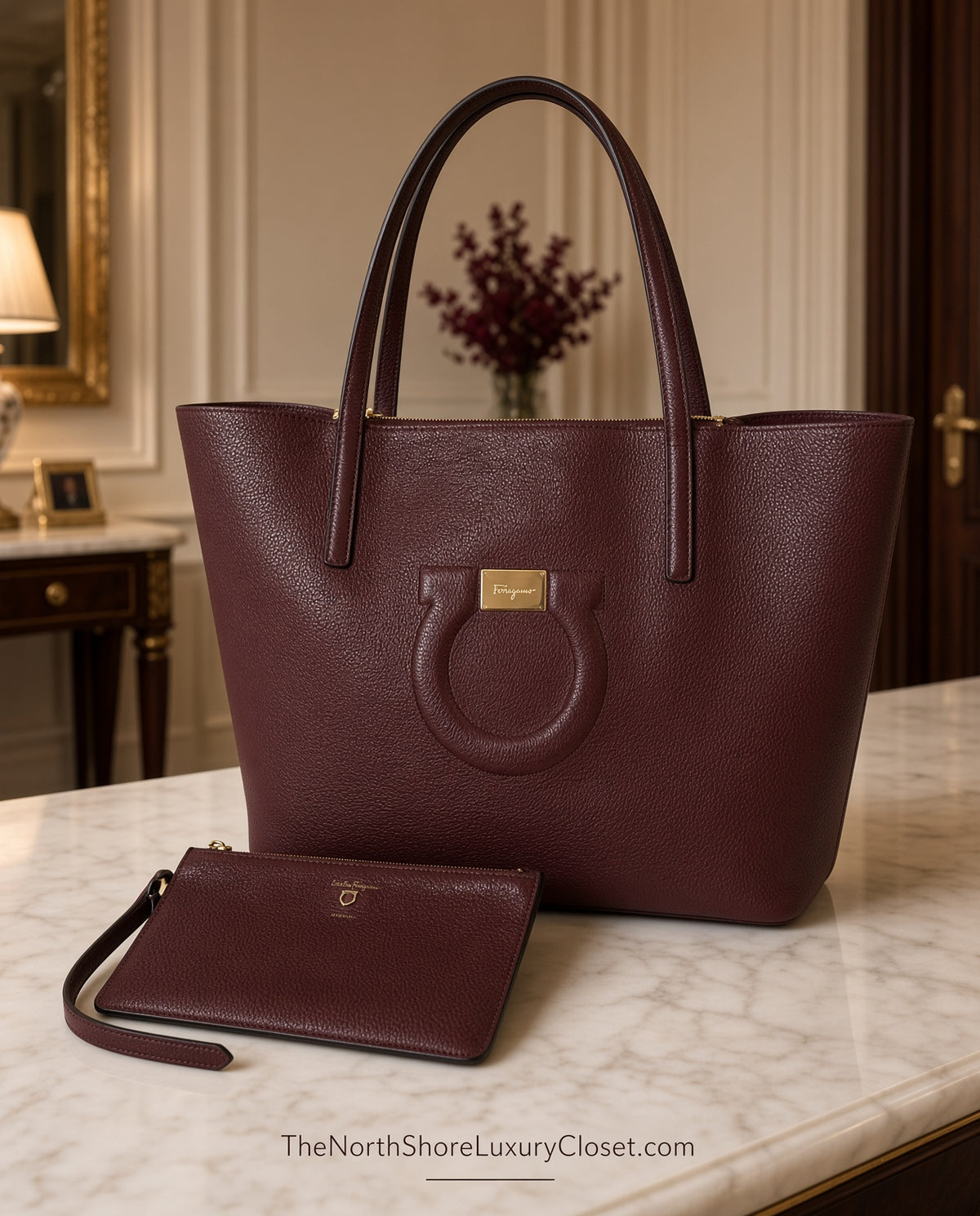 Salvatore Ferragamo Burgundy Wine Red Leather Tote with Gold