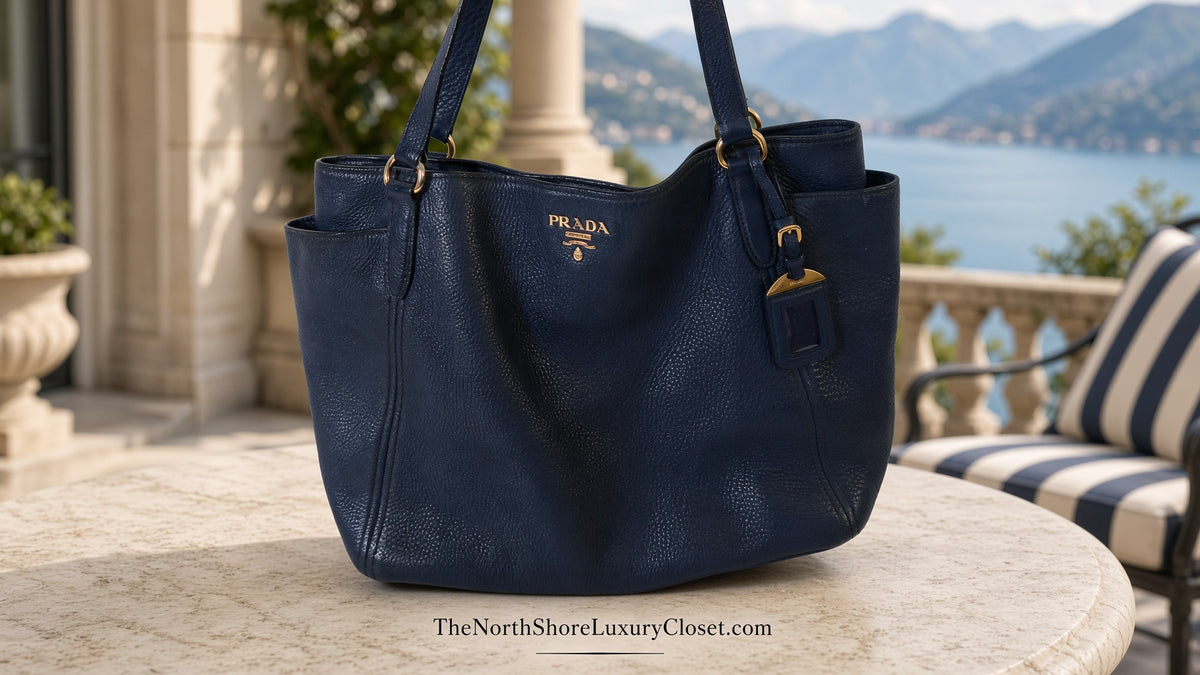 Prada Vitello Daino Side Pocket Leather Tote Navy