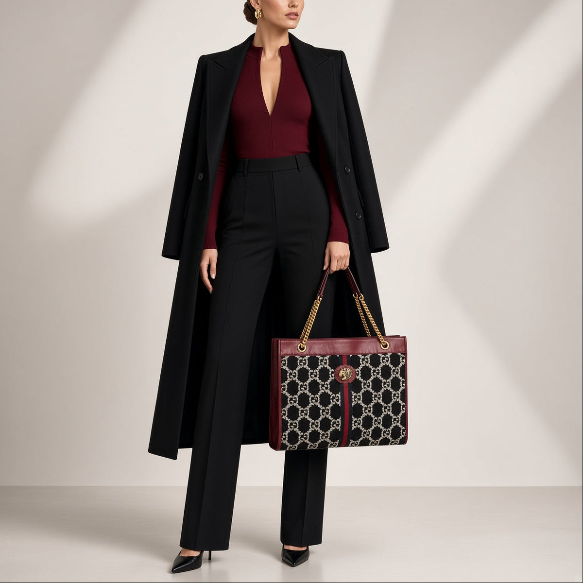 Gucci Red Leather GG Tweed Large Linea Rajah Tote Bag Red White