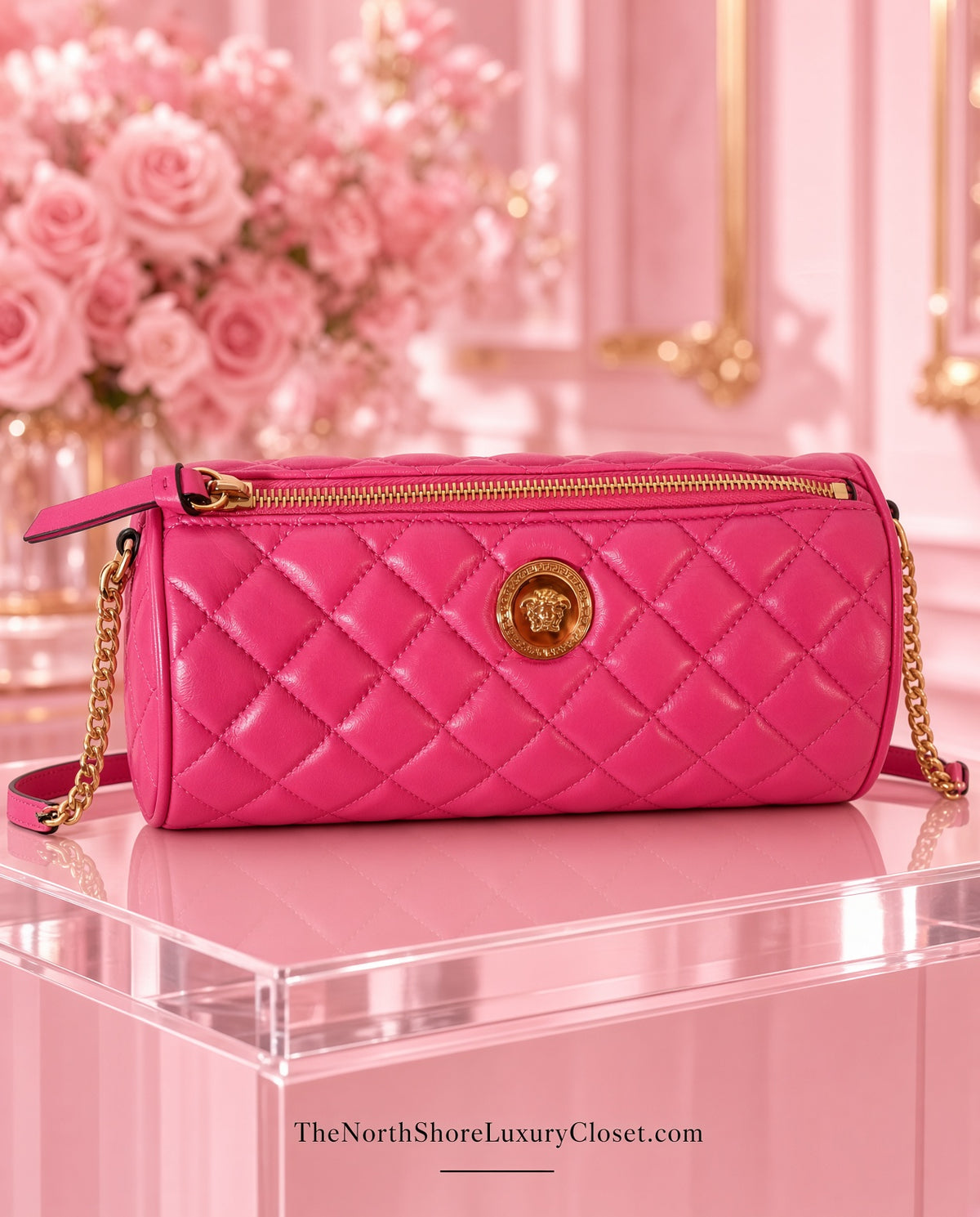 Versace La Medusa Quilted Leather Barrel Shoulder Bag – Hot Pink & Gold