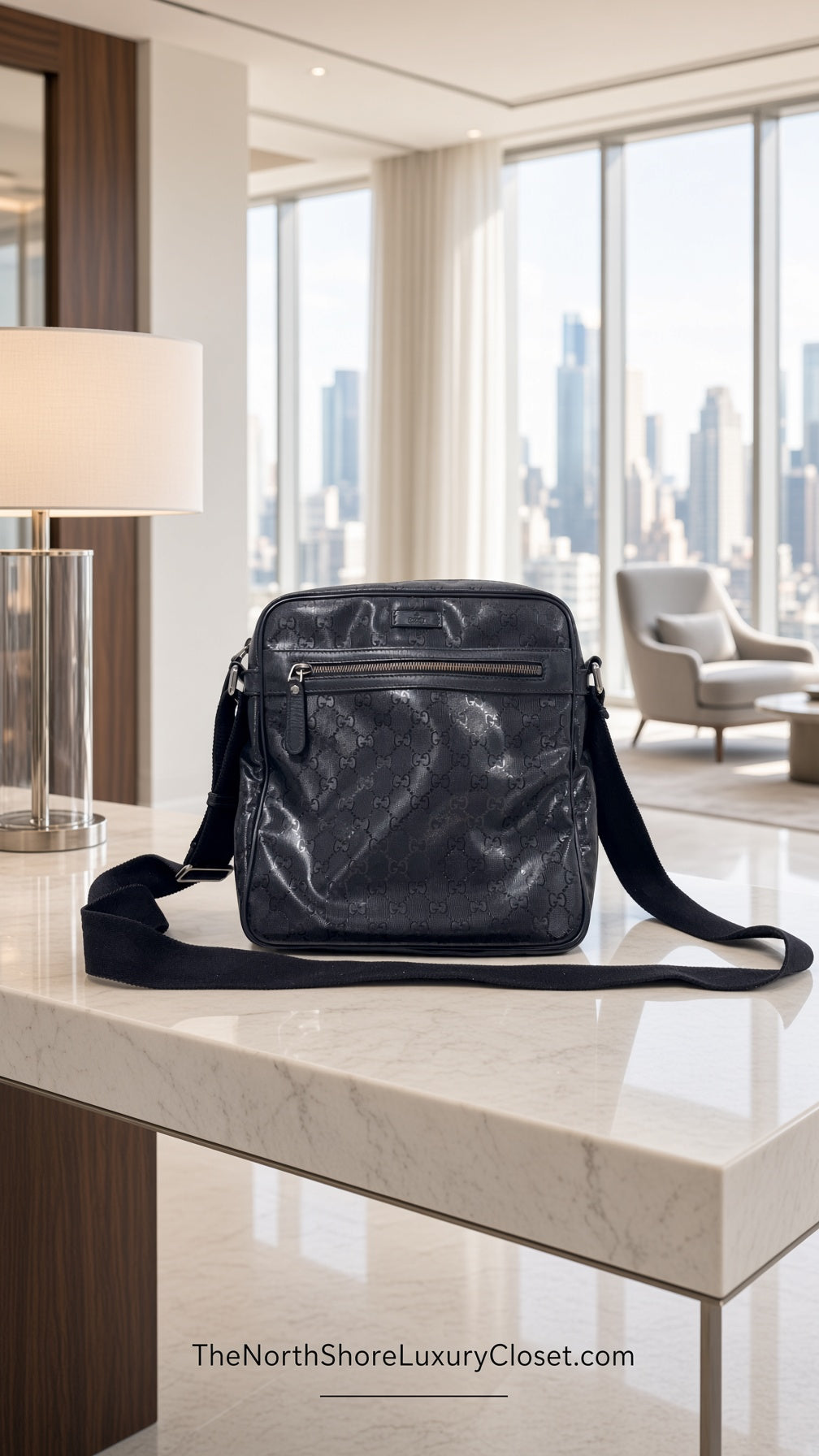 Gucci GG Imprime messenger bag in black, featuring a coated canvas body with tonal monogram detailing and adjustable strap