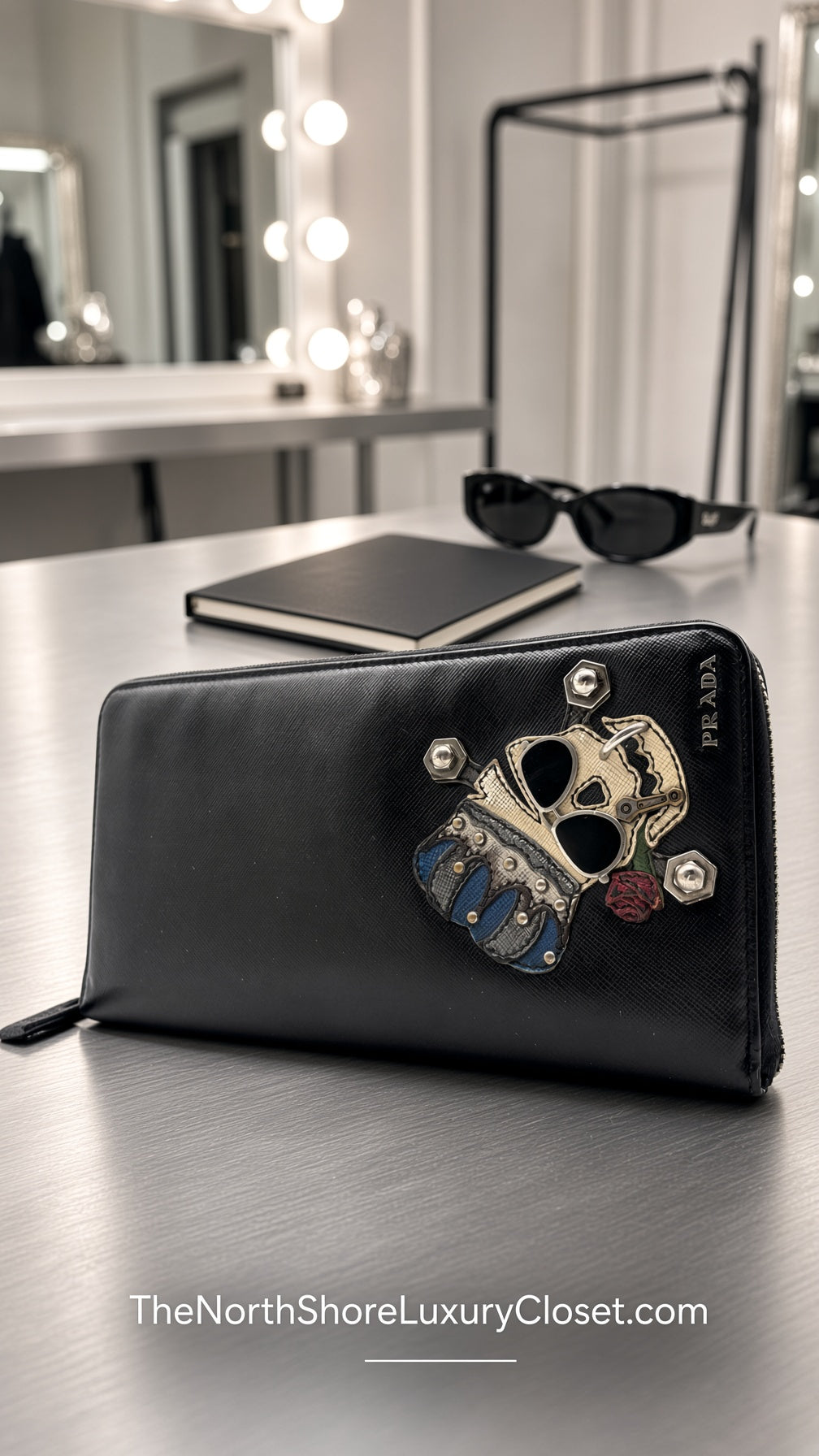 Prada Saffiano Skull Organizer Travel Wallet