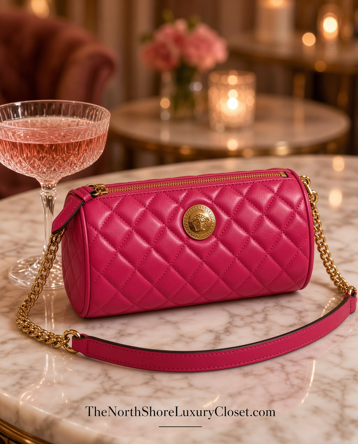 Versace La Medusa Quilted Leather Barrel Shoulder Bag – Hot Pink & Gold