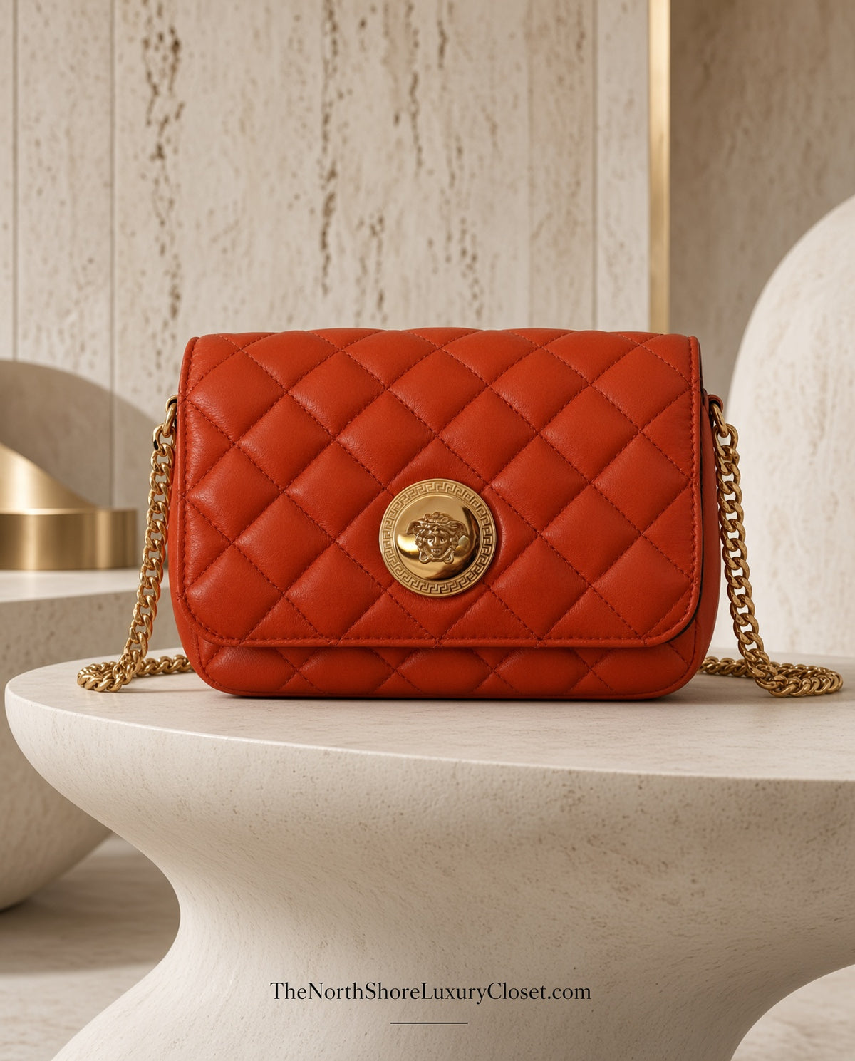 Versace Medusa Quilted Leather Chain Crossbody Bag – Orange Like New