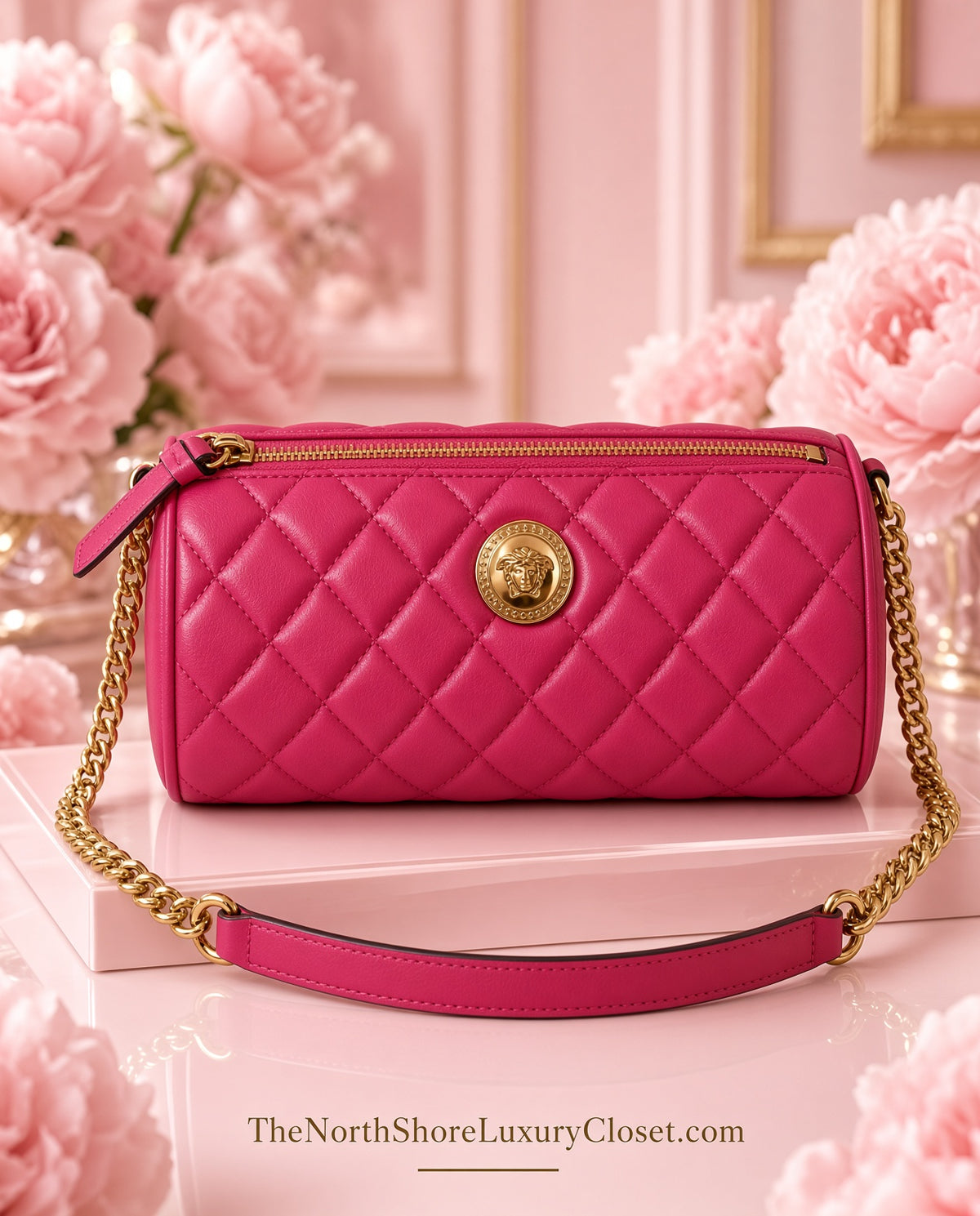 Versace La Medusa Quilted Leather Barrel Shoulder Bag – Hot Pink & Gold