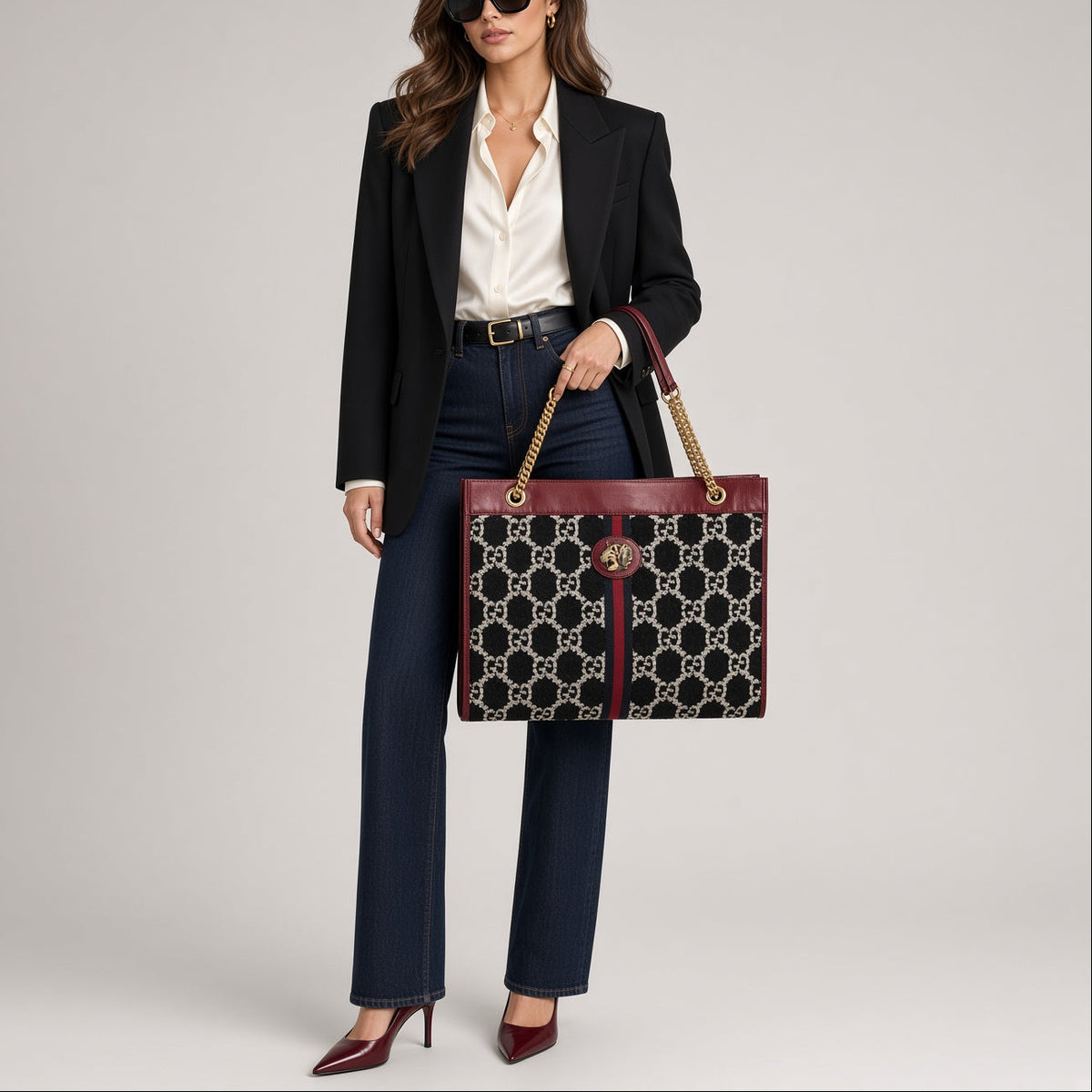Gucci Red Leather GG Tweed Large Linea Rajah Tote Bag Red White