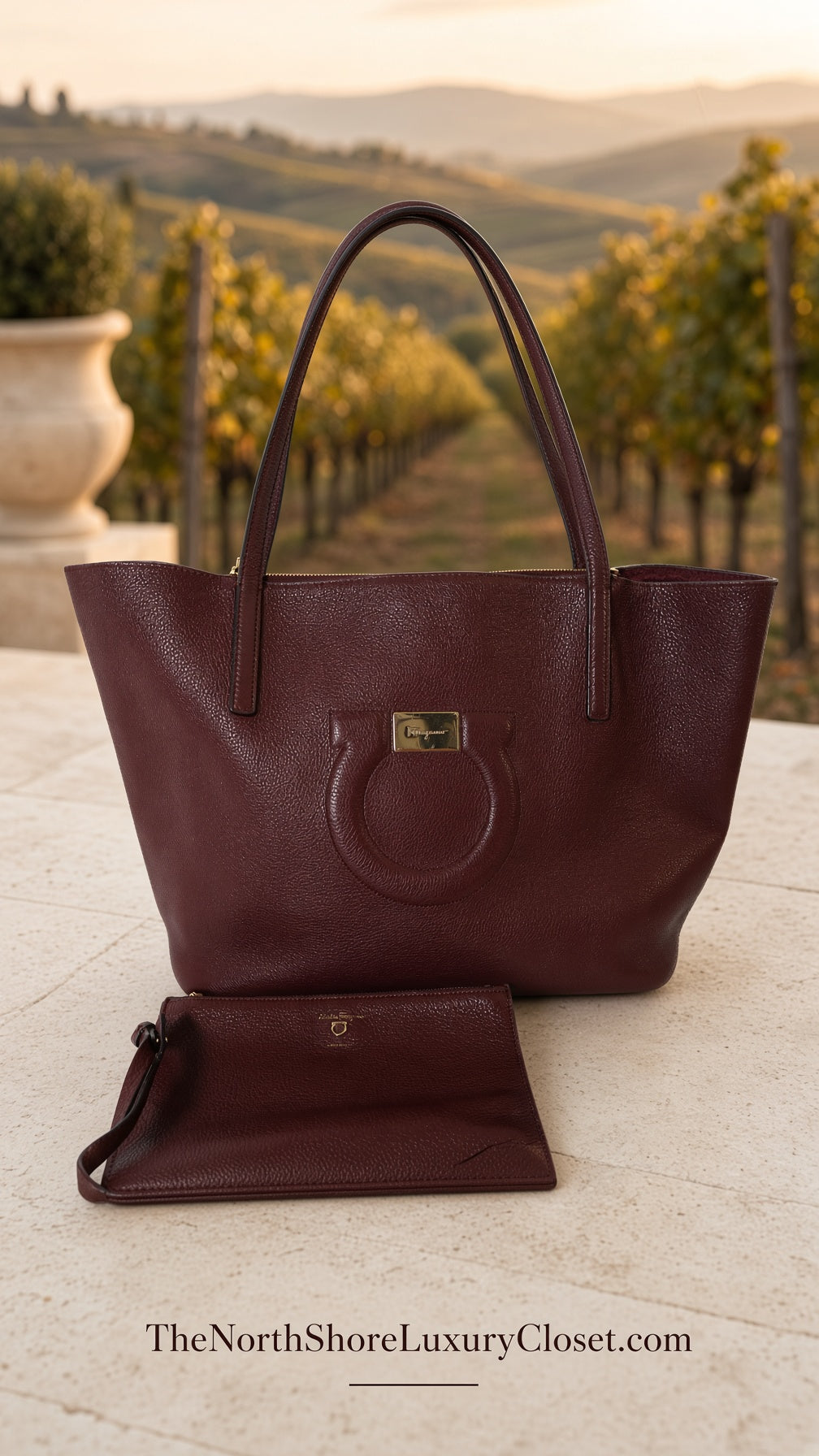 Salvatore Ferragamo Burgundy Wine Red Leather Tote with Gold