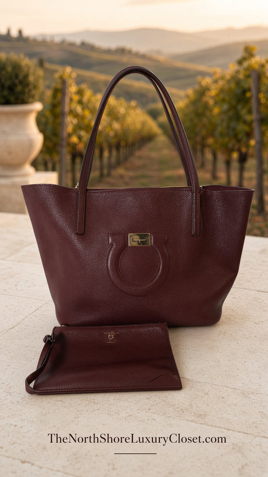 Salvatore Ferragamo Burgundy Wine Red Leather Tote with Gold