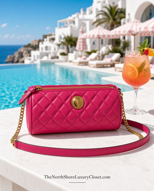 Versace La Medusa Quilted Leather Barrel Shoulder Bag – Hot Pink & Gold