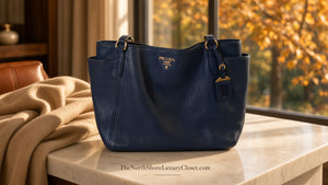 Prada Vitello Daino Side Pocket Leather Tote Navy