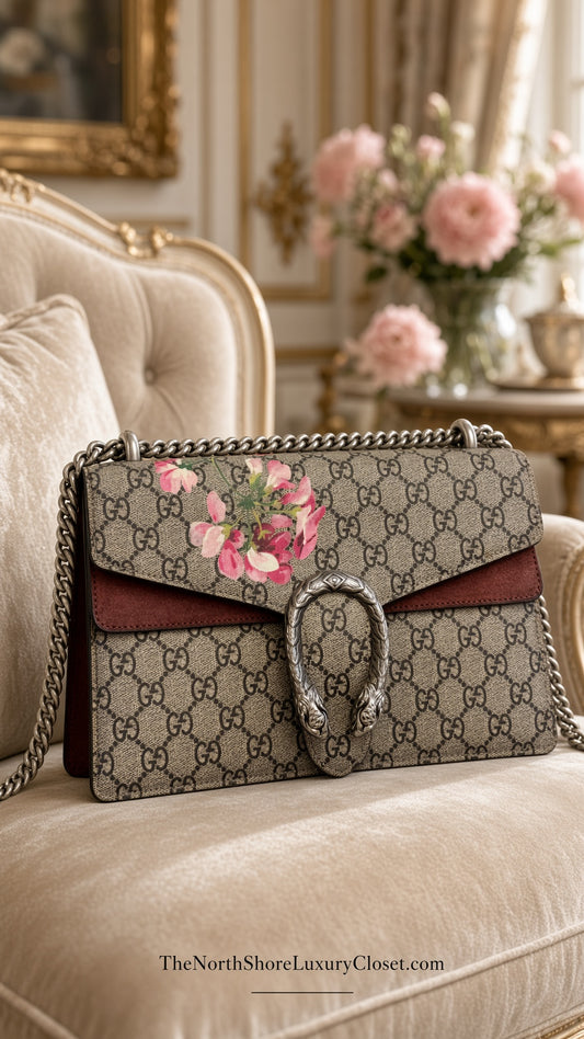 Gucci GG Supreme Dionysus shoulder bag featuring a Blooms print and a distinctive silver-tone tiger head clasp.