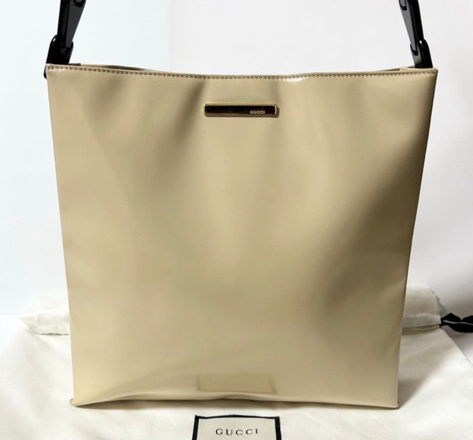 NOT SOLD OUT Coming Soon. Vintage GUCCI by Tom Ford Chain Patent Leather Shoulder Bag, Beige