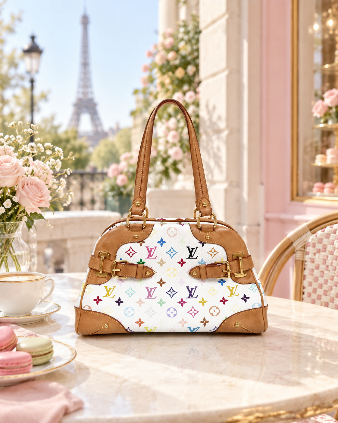 Collectible Y2K-era Louis Vuitton x Takashi Murakami Monogram Multicolore Claudia Handbag – White
