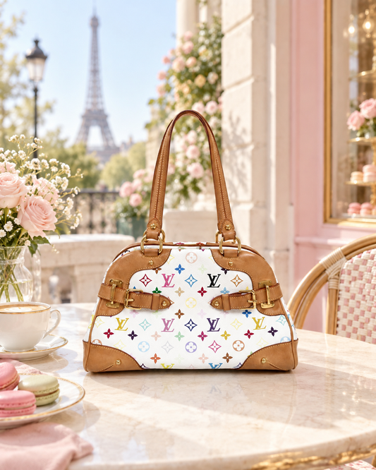 Collectible Y2K-era Louis Vuitton x Takashi Murakami Monogram Multicolore Claudia Handbag – White