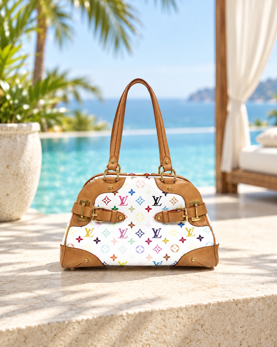 Collectible Y2K-era Louis Vuitton x Takashi Murakami Monogram Multicolore Claudia Handbag – White
