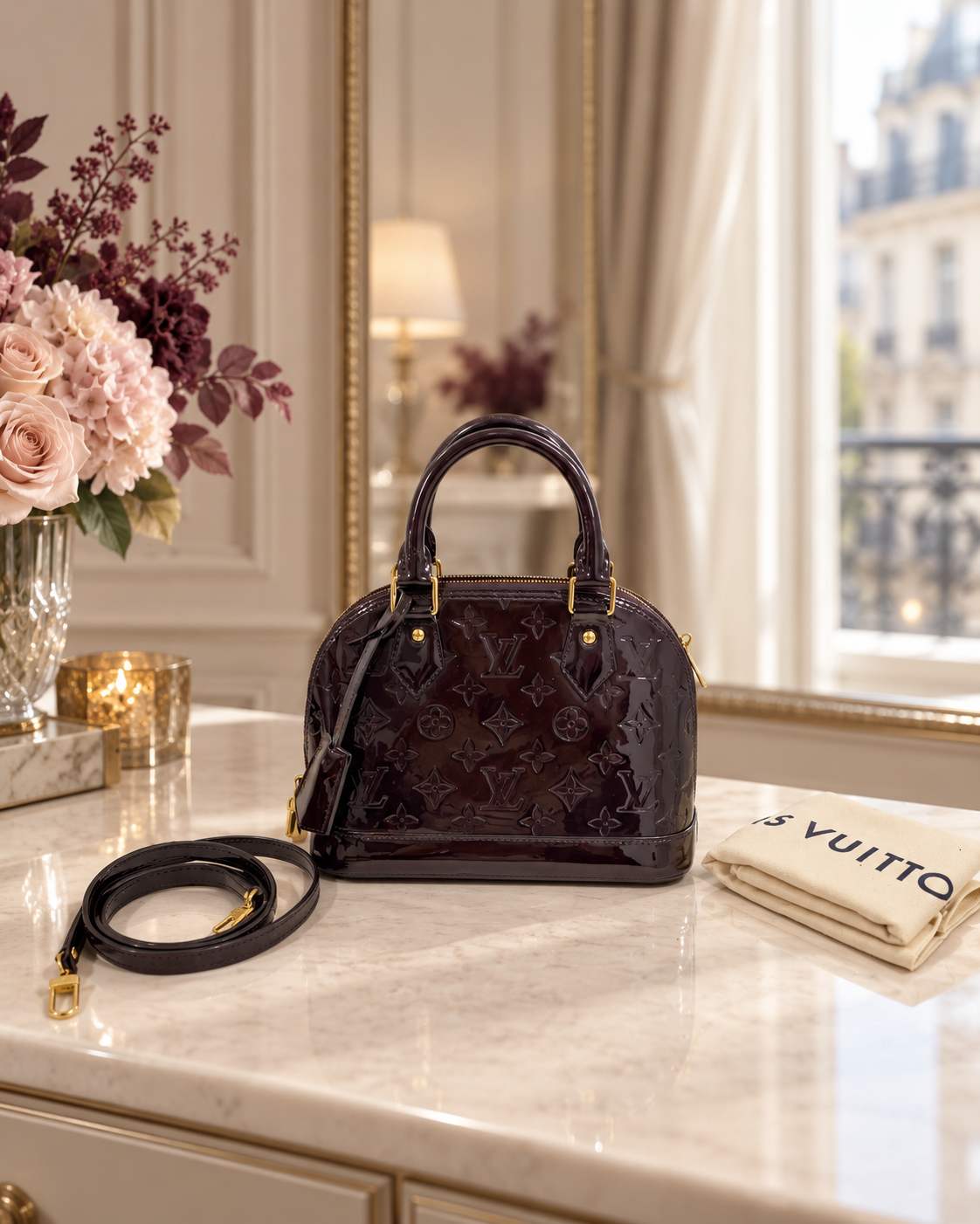Louis Vuitton Alma BB Monogram Vernis Amarante Patent Leather Crossbody Bag