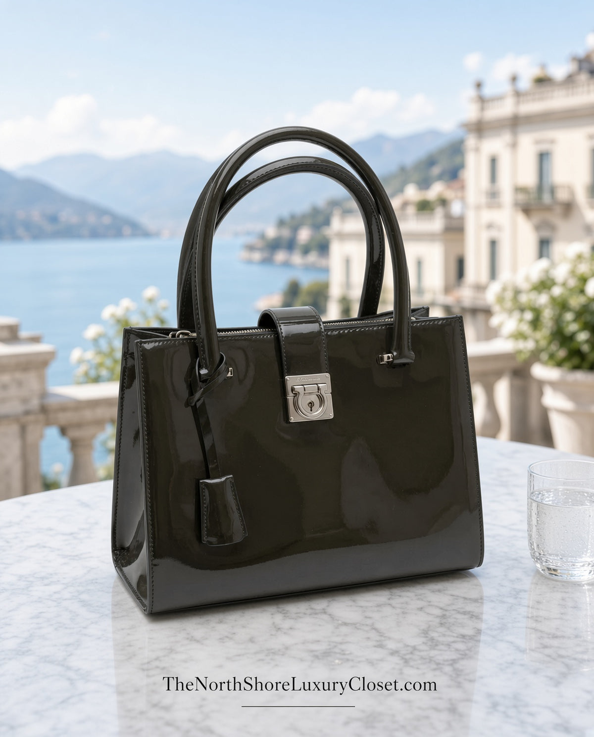 Salvatore Ferragamo Juliette Patent Leather Dark Olive Green Tote Bag