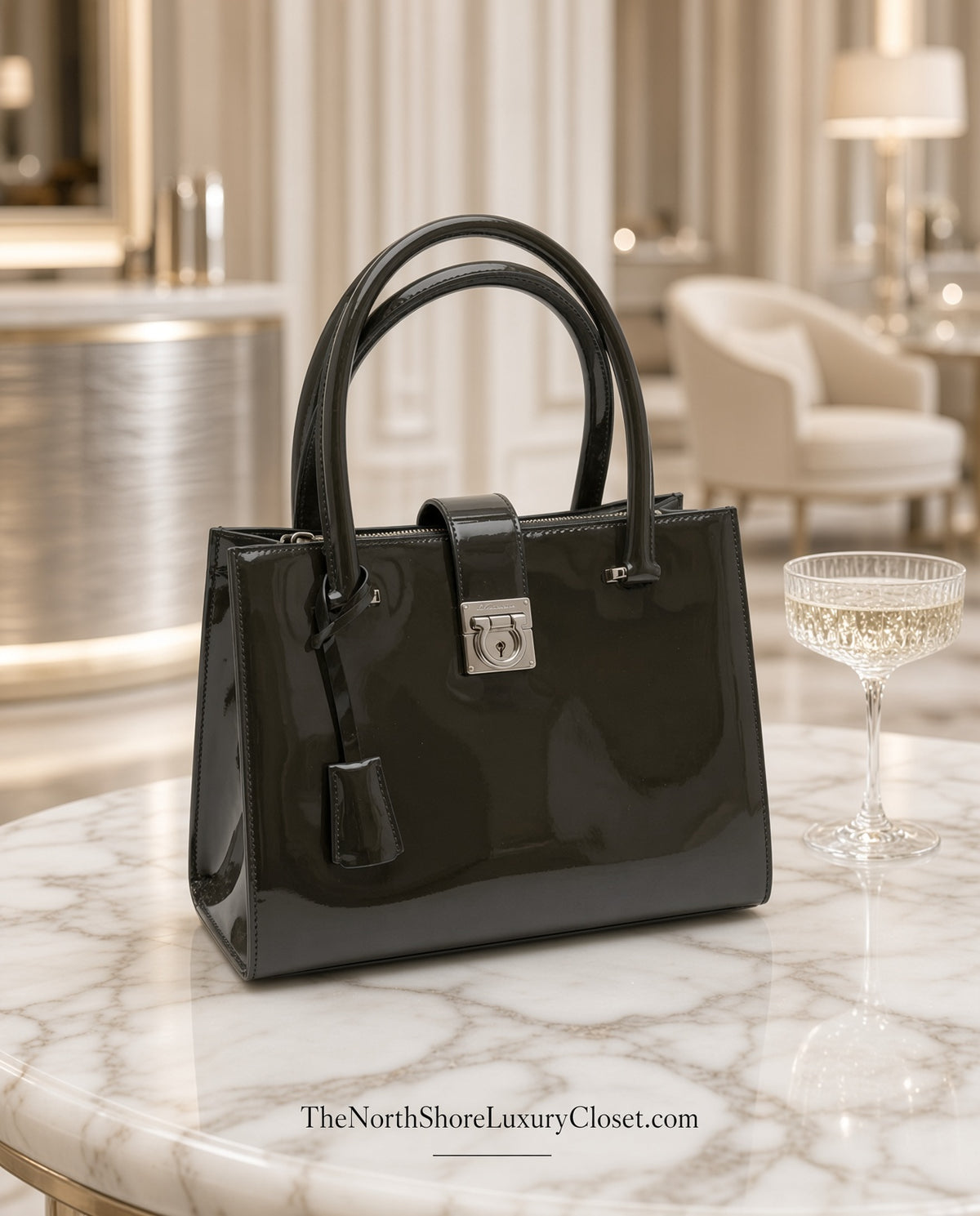 Salvatore Ferragamo Juliette Patent Leather Dark Olive Green Tote Bag