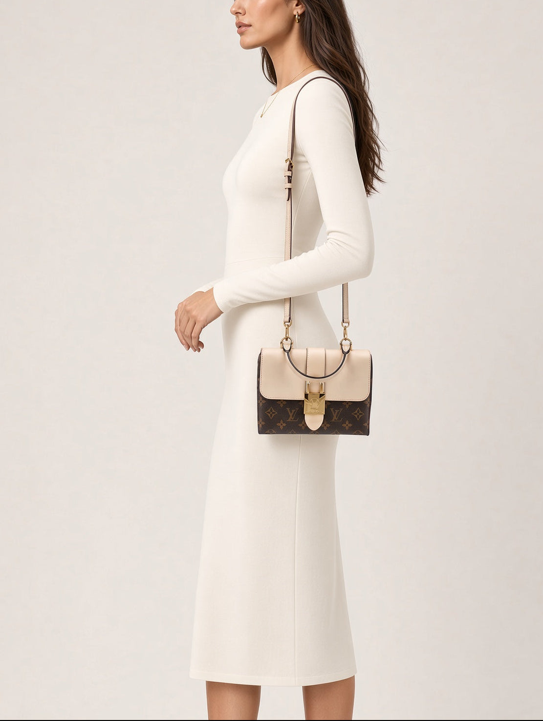 Louis Vuitton Locky BB Monogram Canvas & Crème Leather Top Handle Crossbody Bag