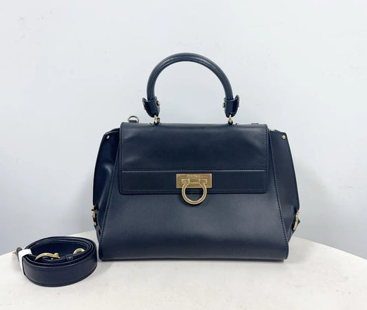 Salvatore Ferragamo Sofia Gancini Black Smooth Leather Satchel / Top Handle Bag