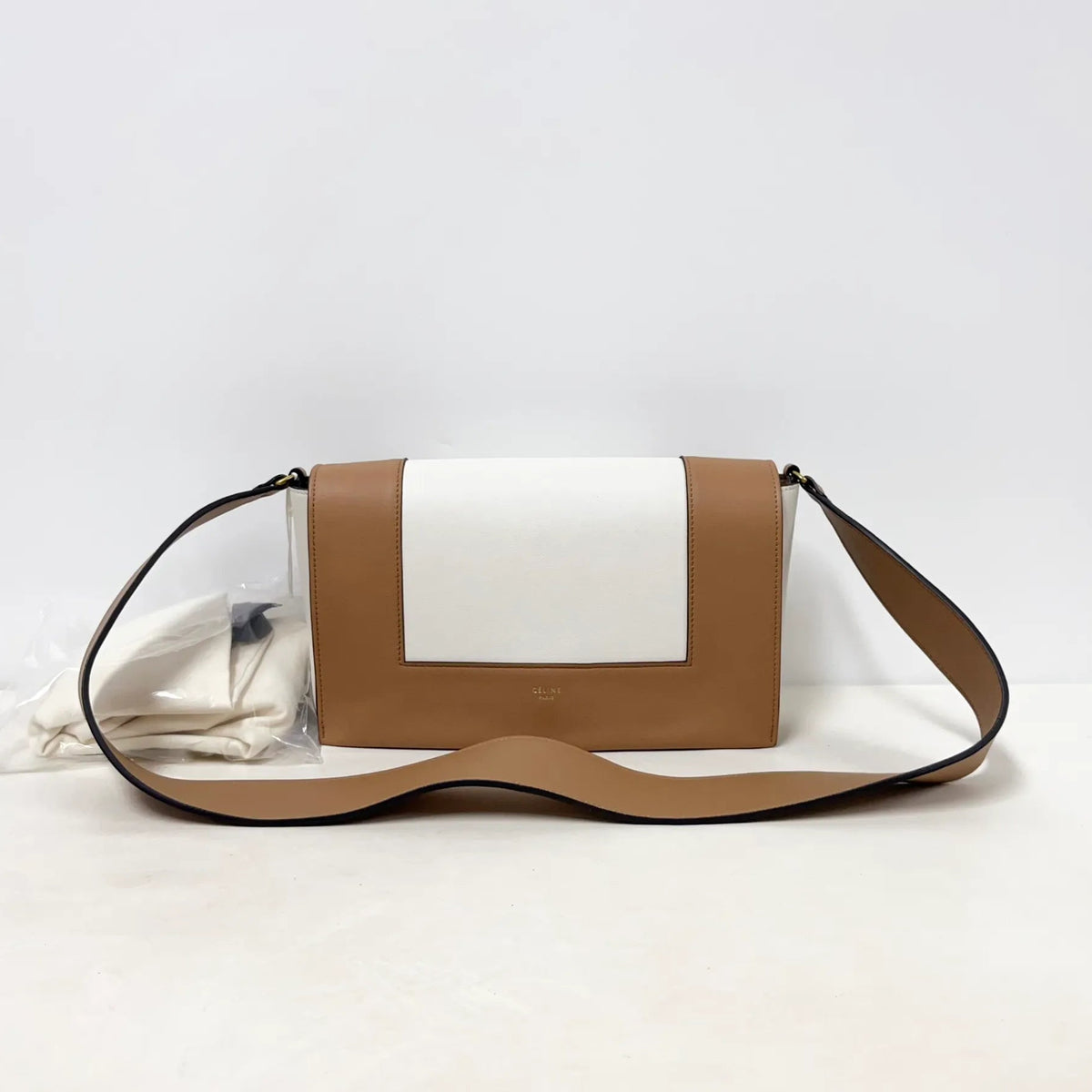 Celine Shiny Smooth Calfskin Medium Frame Shoulder Bag Tan Optic White
