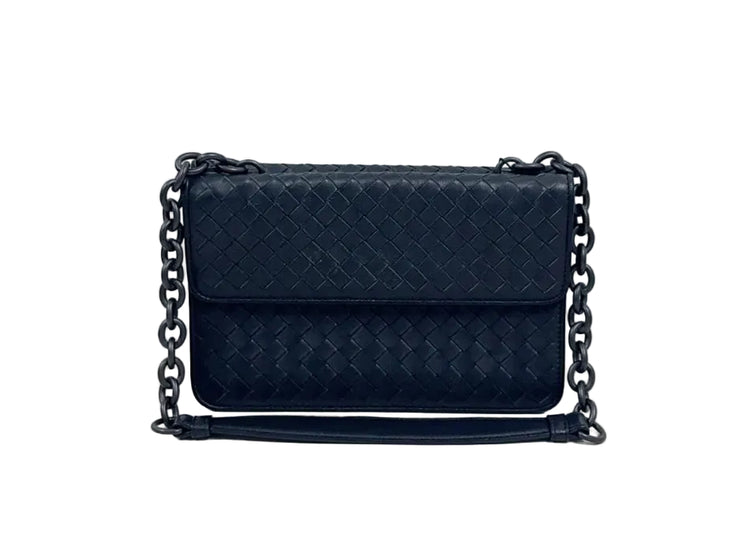 Bottega Veneta Intrecciato Leather Flap Chain Crossbody Bag – Black