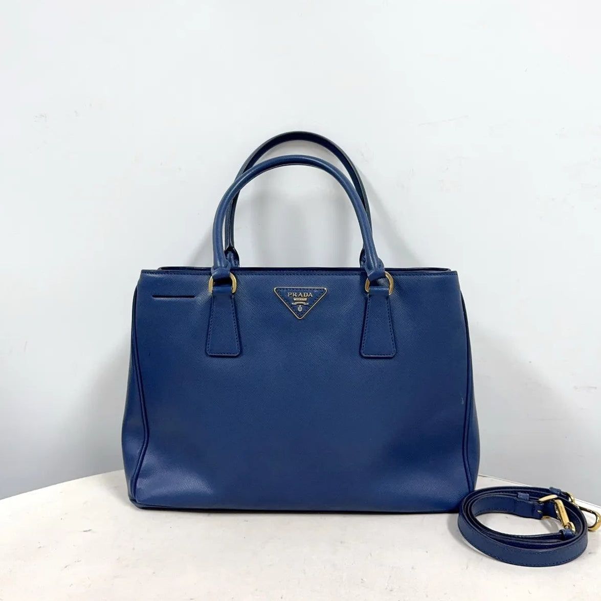 Prada Saffiano Leather Galleria Tote – Navy Blue with Detachable Crossbody Strap