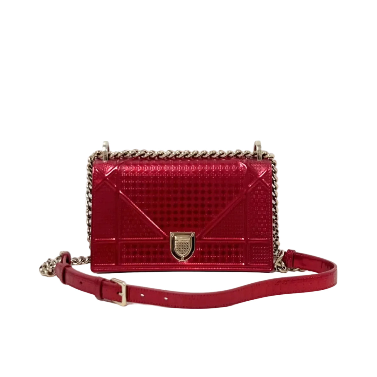 Christian Dior Medium Diorama – Metallic Red Micro-Cannage Patent Leather Chain Bag