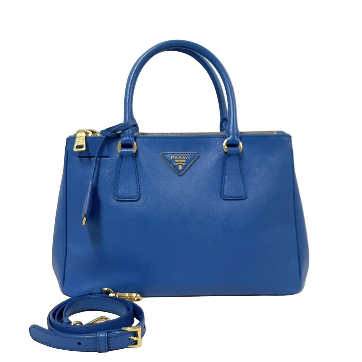 Prada Galleria Blue Saffiano Leather Double Zip Tote Bag with Crossbody Strap