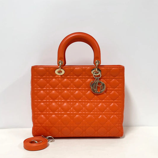 Christian Dior Large Lady Dior Bag – Orange Cannage Quilt Lambskin Leather With Strap