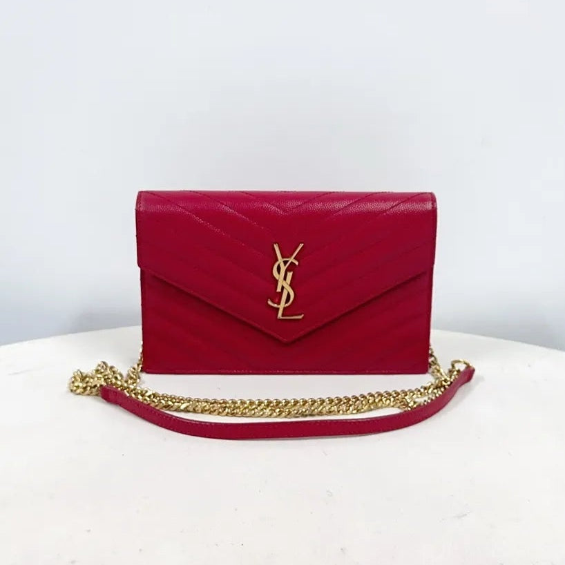 Saint Laurent Monogram Envelope Wallet on Chain – Red Leather
