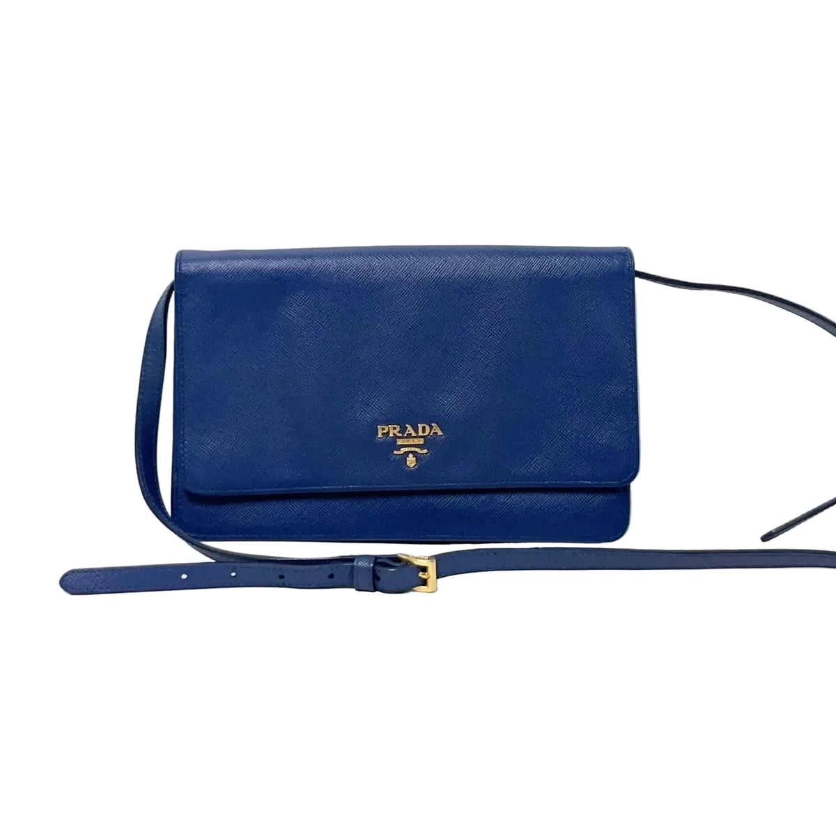 Prada Saffiano Leather Wallet Crossbody Bag with Mirror – Blue
