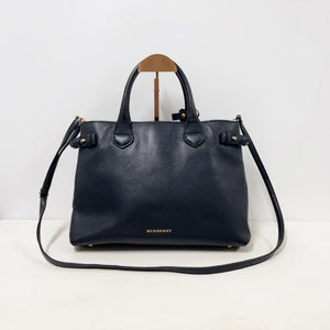 Burberry Pebbled Leather House Check Banner Tote Bag - Black