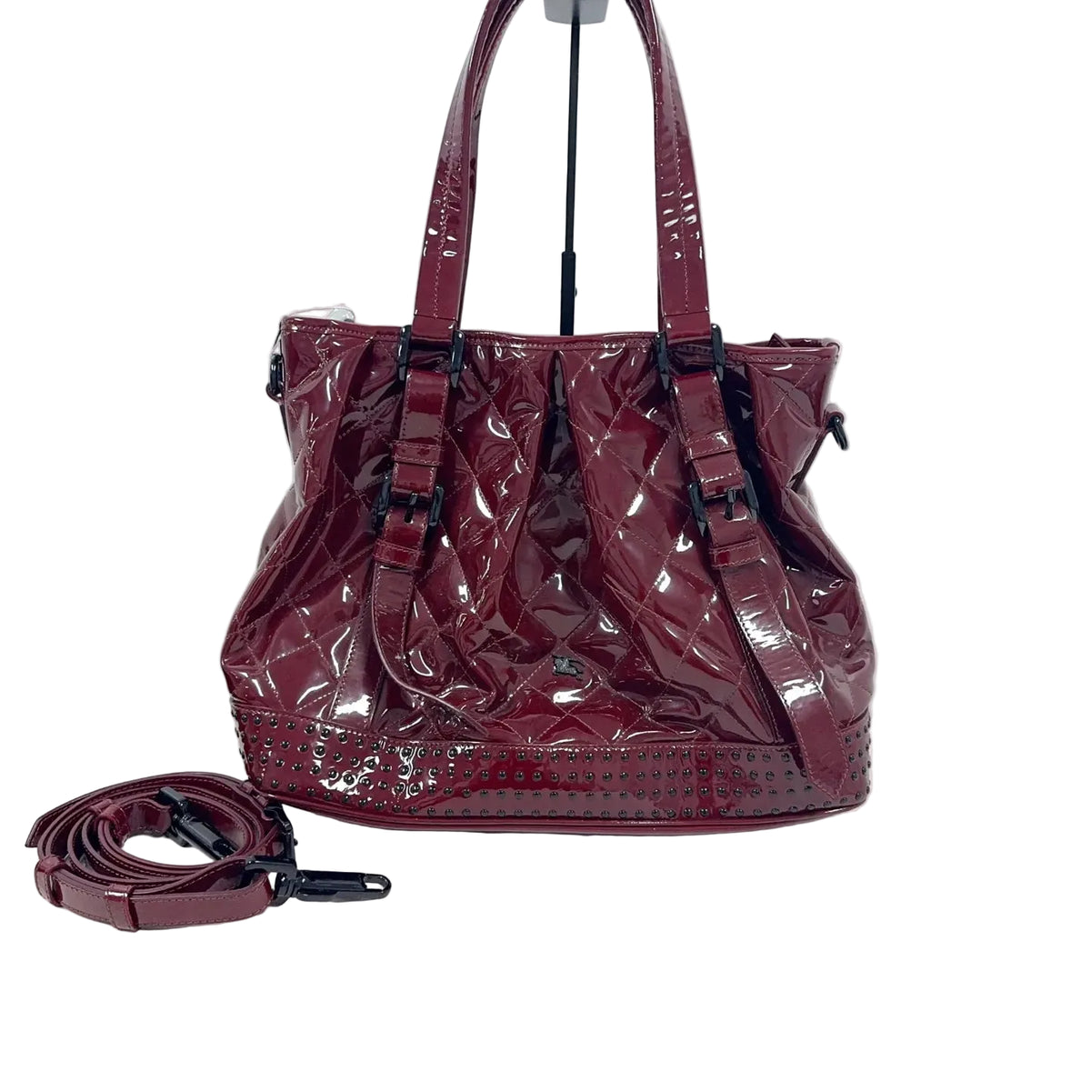 Burberry Large Lowry Studded Quilted Patent Leather Tote – Burgundy
