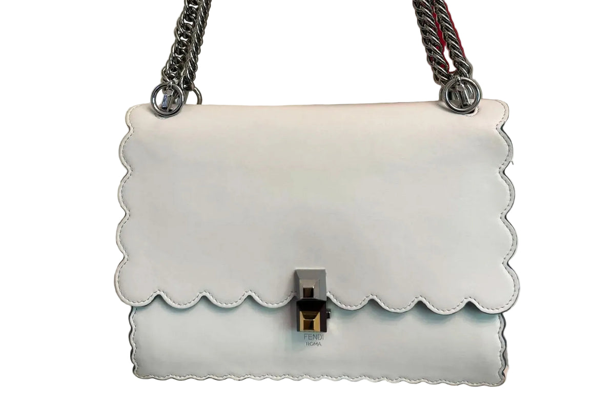 Fendi Kan I Small Scalloped Leather With Silver Chain Shoulder Bag – White