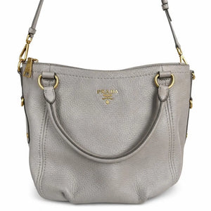 Prada Vitello Daino Leather Top Handle - Light Gray with Crossbody Strap
