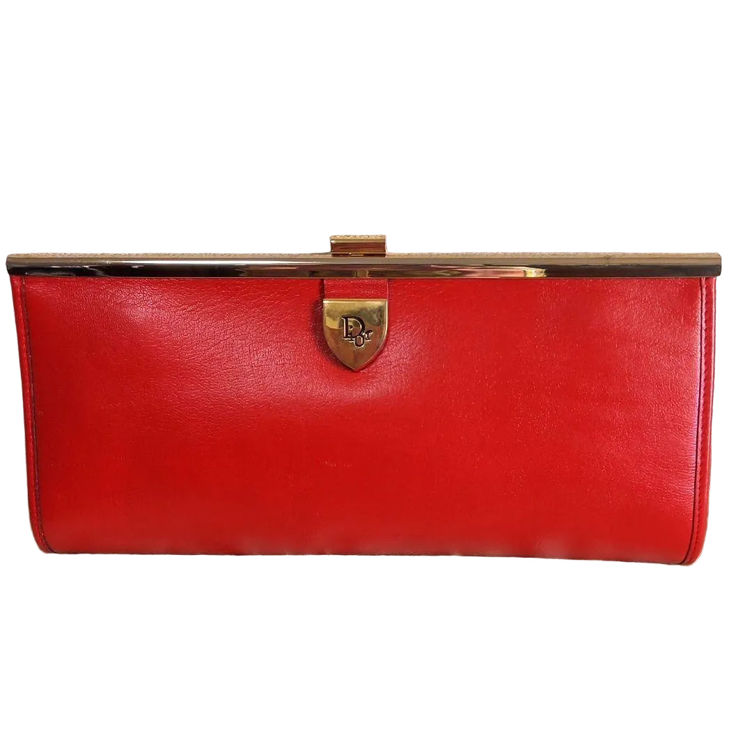 Vintage Christian Dior Red Leather Frame Clutch Evening Bag