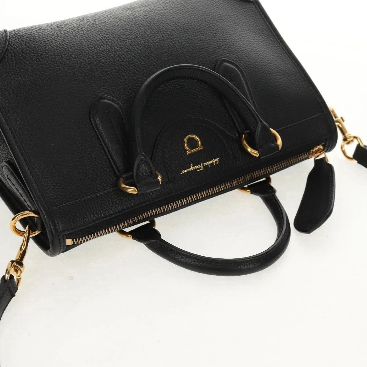 Salvatore Ferragamo Gancini Hand Bag Satchel Black Pebbled Calfskin Leather - additional view 3