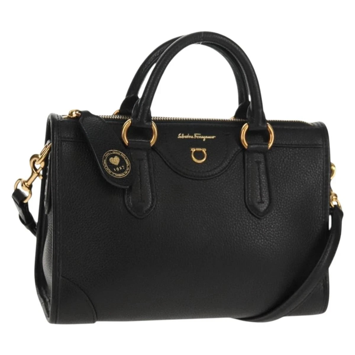 Salvatore Ferragamo Gancini Hand Bag Satchel Black Pebbled Calfskin Leather