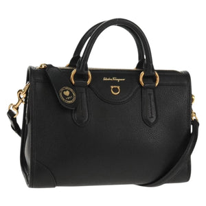 Salvatore Ferragamo Gancini Hand Bag Satchel Black Pebbled Calfskin Leather