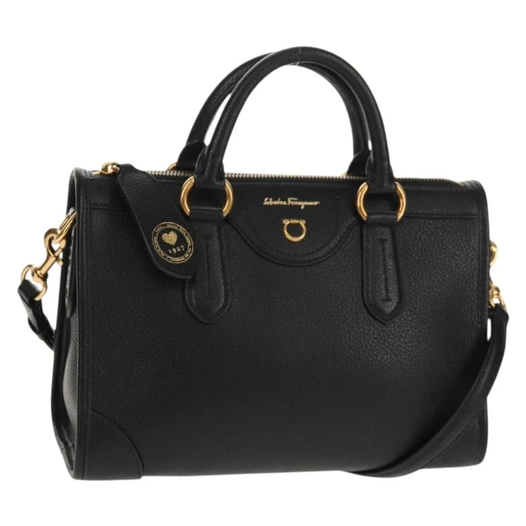 Salvatore Ferragamo Gancini Hand Bag Satchel Black Pebbled Calfskin Leather
